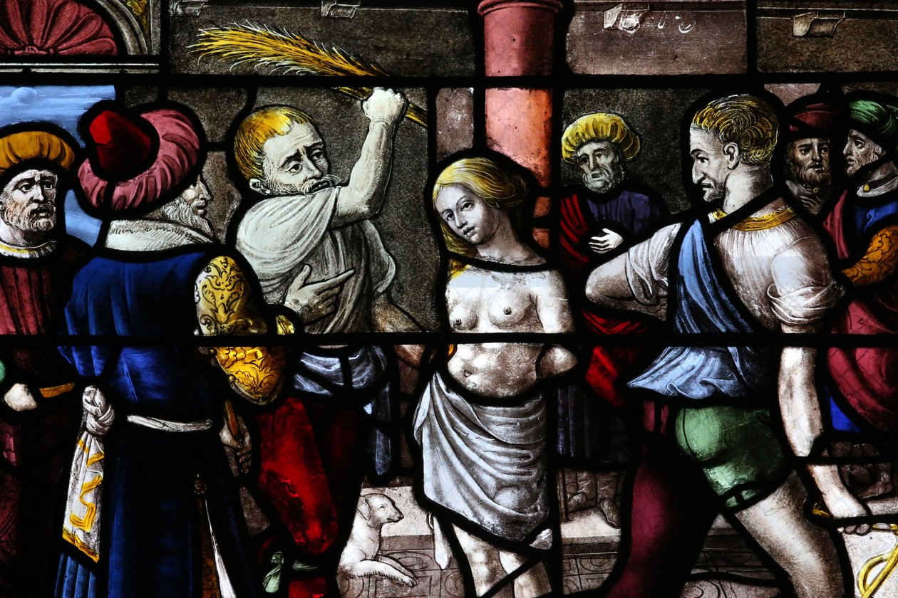 Kathedrale von Moulins. Buntglasfenster: Große Märtyrerin St. Barbara. Bestrafung, 20160603, Moulins, Europa von Unbekannt