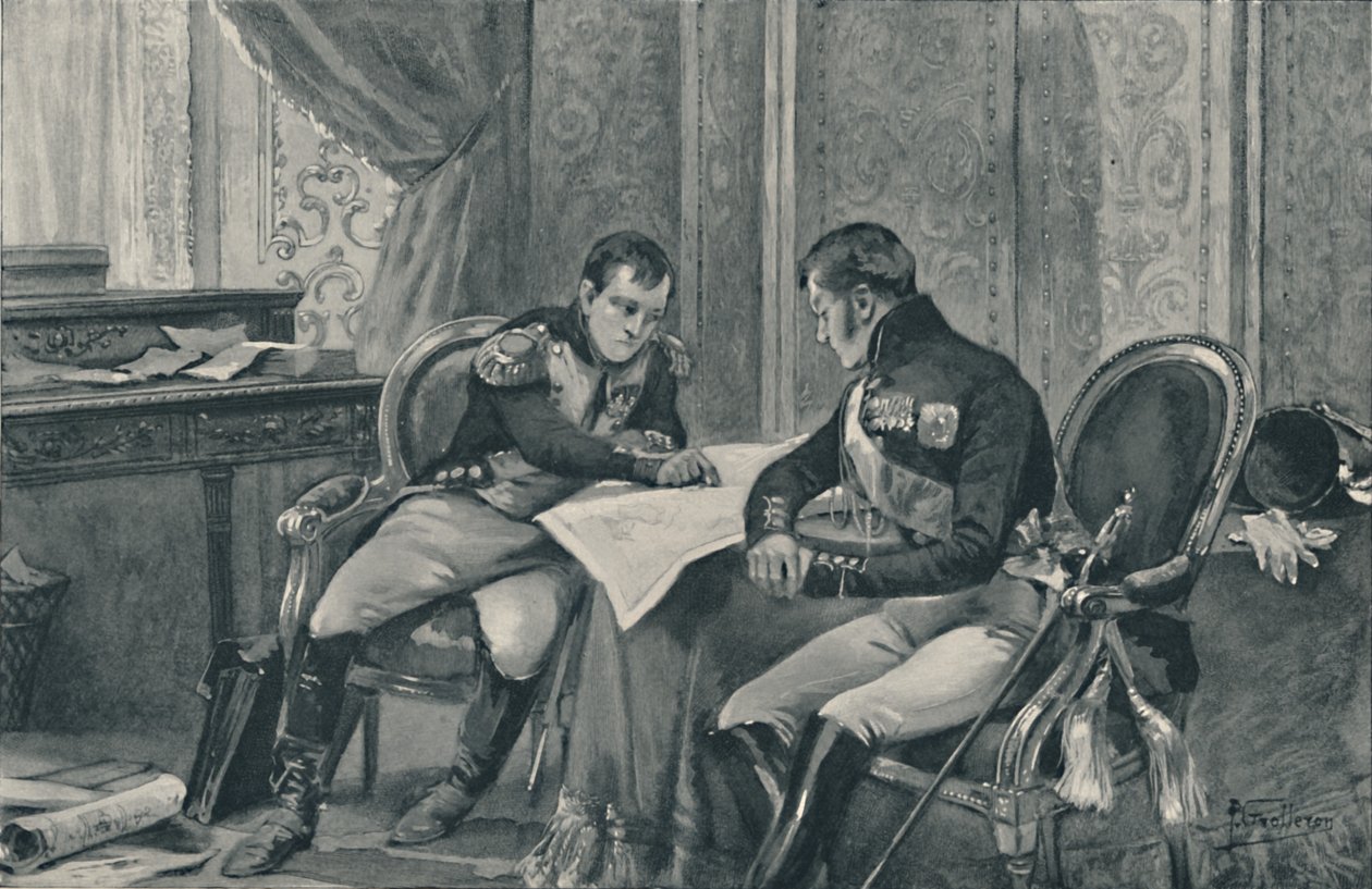 Napoleon und Alexander in Tilsit studieren die Karte Europas, 1807, 1896 von Unbekannt