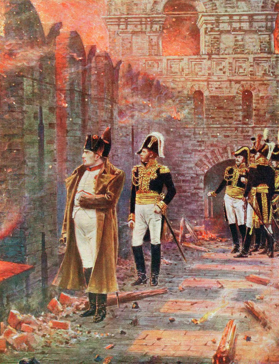 Napoleon und sein Stab beobachten den Brand von Moskau, 1812, spätes 19. Jahrhundert von Unbekannt