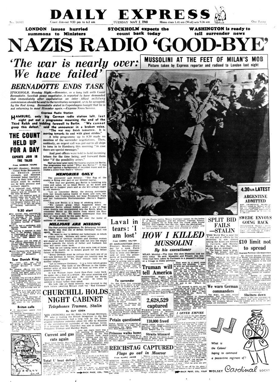 Nazis Radio Good-bye, Titelseite des Daily Express, 1. Mai 1945 von Unbekannt