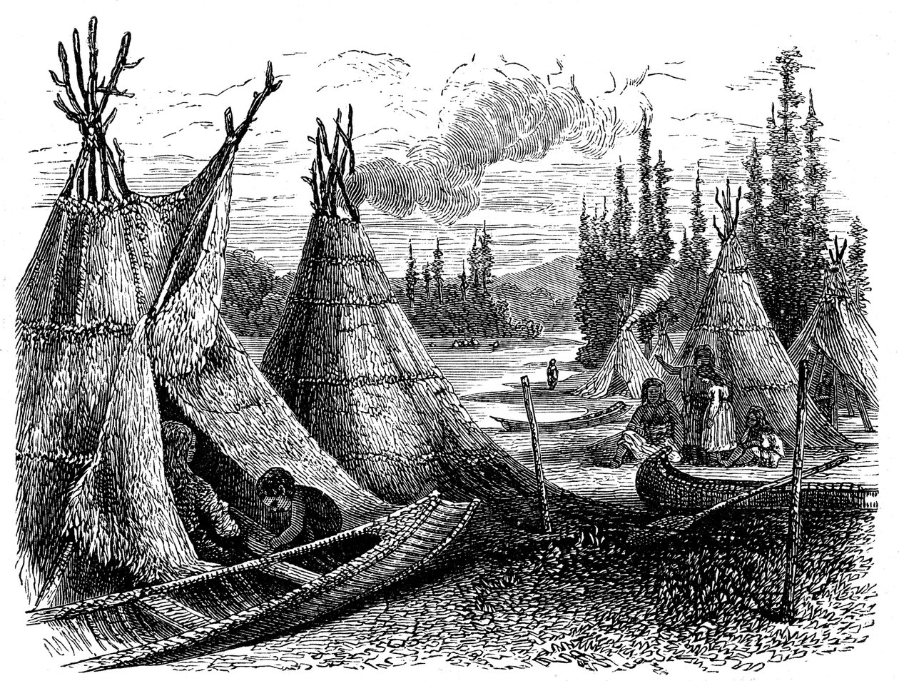 Siedlung der nordamerikanischen Cree-Indianer im Sommer, 1874 von Unbekannt