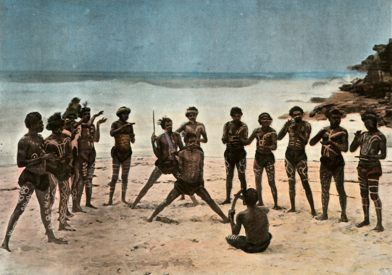 Neuguinea. Tanz der bunt bemalten Papuas, Papua-Neuguinea. Stammes-Papua-Tanz, 1900 von Unbekannt