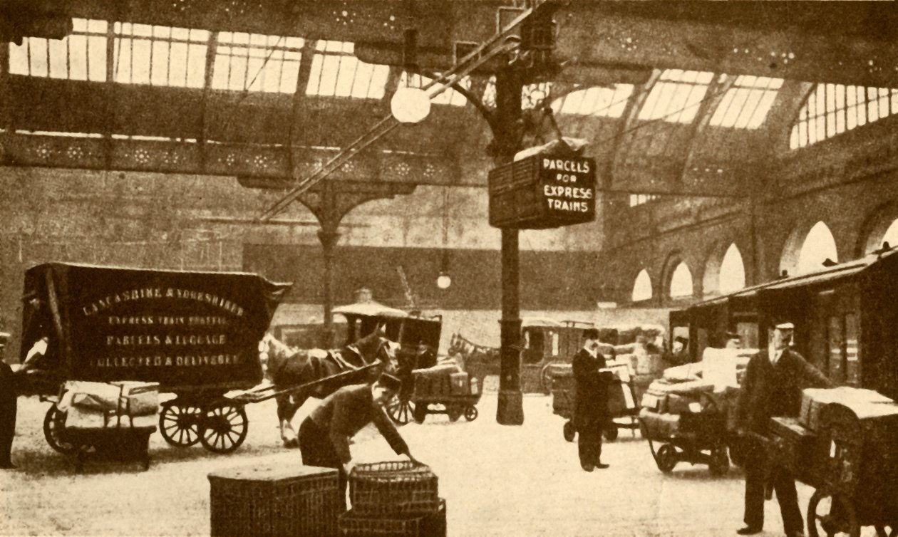 Überkopf-Elektropaketträger, Victoria Station, Manchester, 1930 von Unbekannt