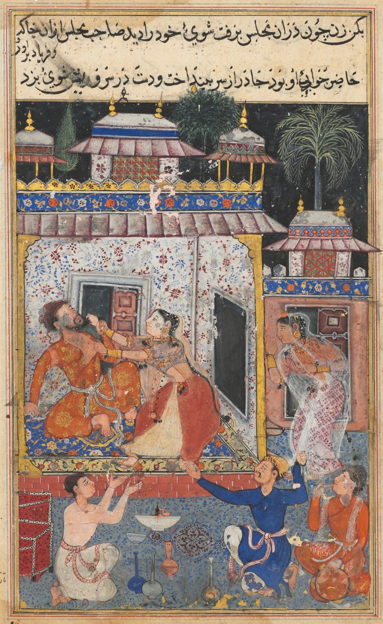 Seite aus den Geschichten eines Papageis Tuti-nama: Achte Nacht: Die betrügerische Frau greift an, ca. 1560 von Unbekannt