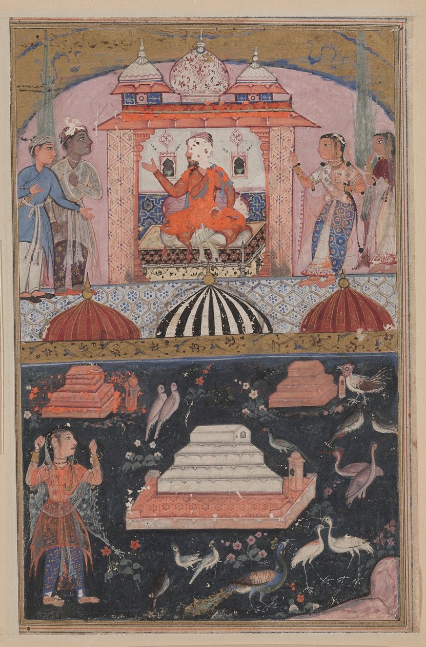 Seite aus den Geschichten eines Papageis Tuti-nama: Erste Nacht: Der Kaufmann hört, ca. 1560 von Unbekannt