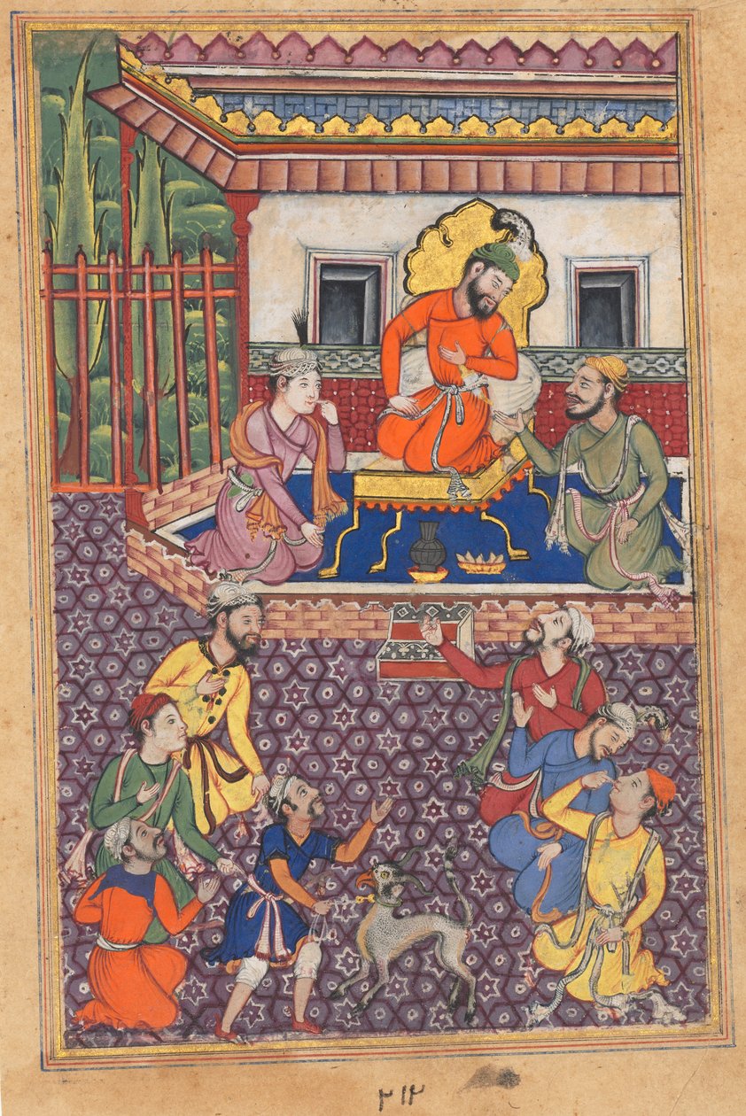 Seite aus den Geschichten eines Papageis Tuti-nama: Sechsundvierzigste Nacht: Der Hof des Raja von Ujjain, um 1560 von Unbekannt