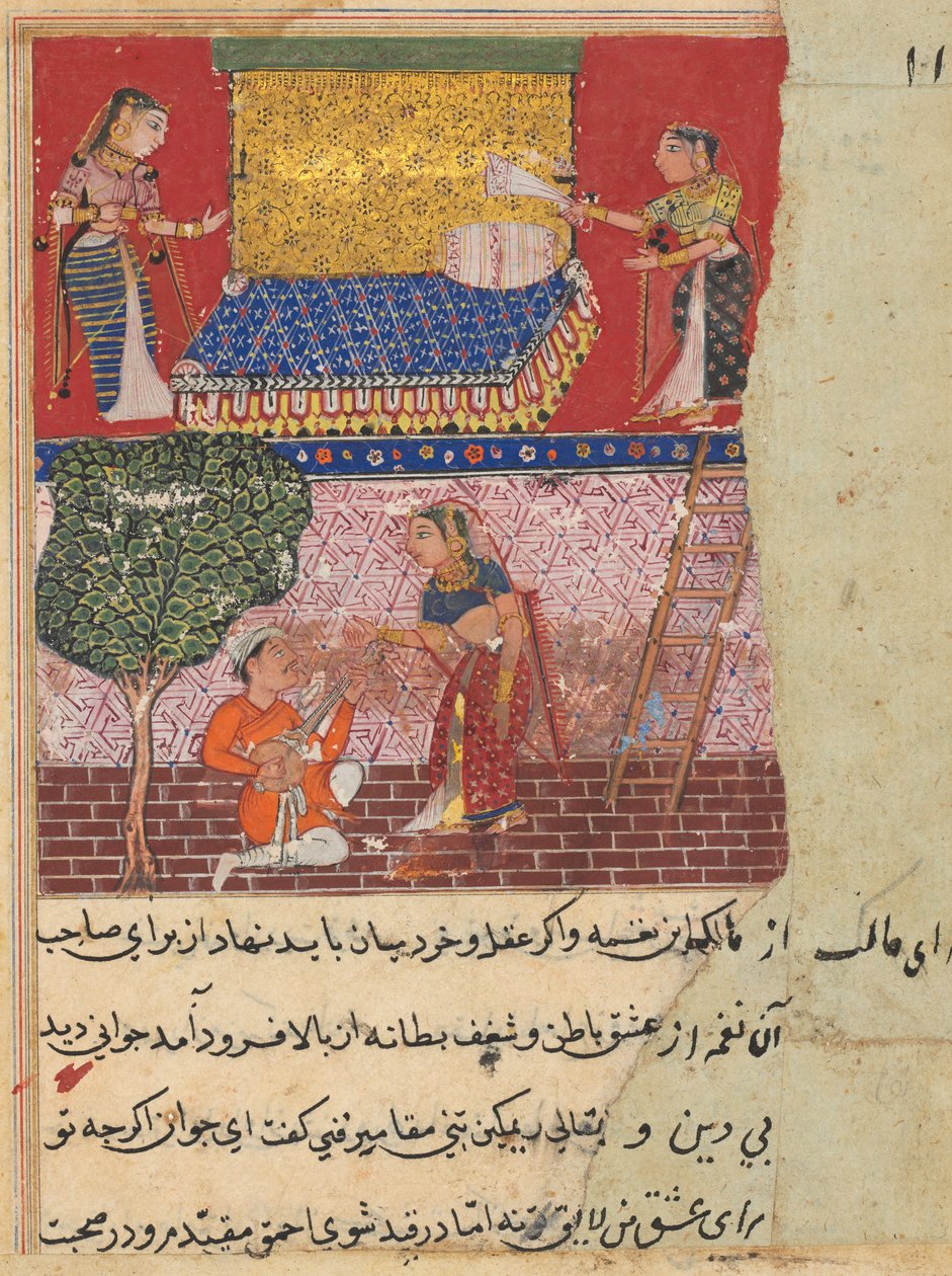 Seite aus Geschichten eines Papageis Tuti-nama: Sechzehnte Nacht: Die Schwiegertochter des Königs, ca. 1560 von Unbekannt