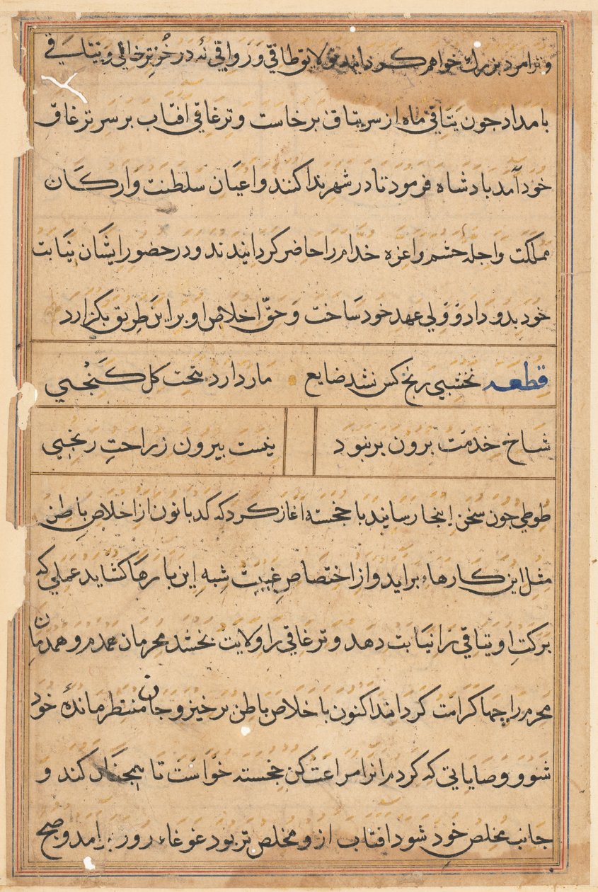 Seite aus den Geschichten eines Papageis Tuti-nama: Textseite, ca. 1560 von Unbekannt