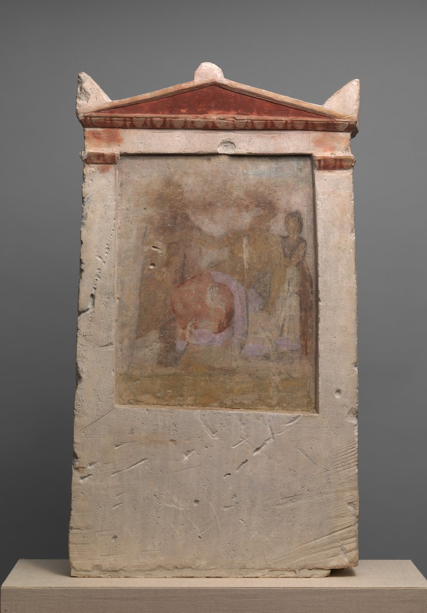 Bemalte Kalkstein-Grabstele mit einer Frau bei der Geburt von Unbekannt
