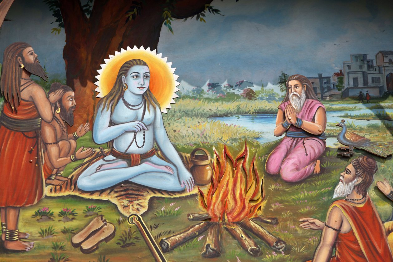 Gemälde eines heiligen Mannes (sitzt auf einer Tigerhaut wie Shiva) umgeben von Anhängern, Haridwar, Indien von Unbekannt