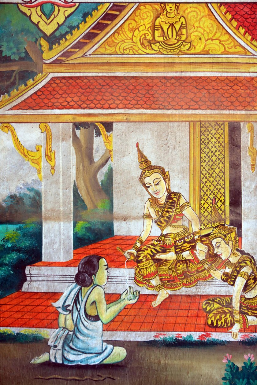 Gemälde, das die Lebensgeschichte von Shakyamuni Buddha darstellt. Wat Naxai. Vientiane. Laos, 20151106, Vientiane, Laos von Unbekannt