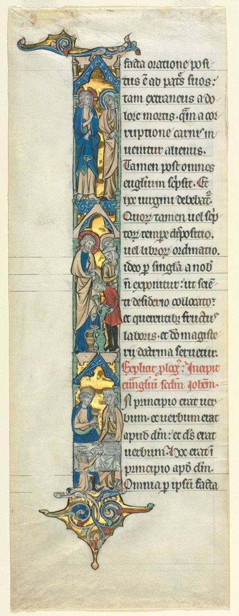 Teilblatt aus einer lateinischen Bibel: Initiale I[n principio] mit der Hochzeit zu Kana, ca. 1260-1270 von Unbekannt