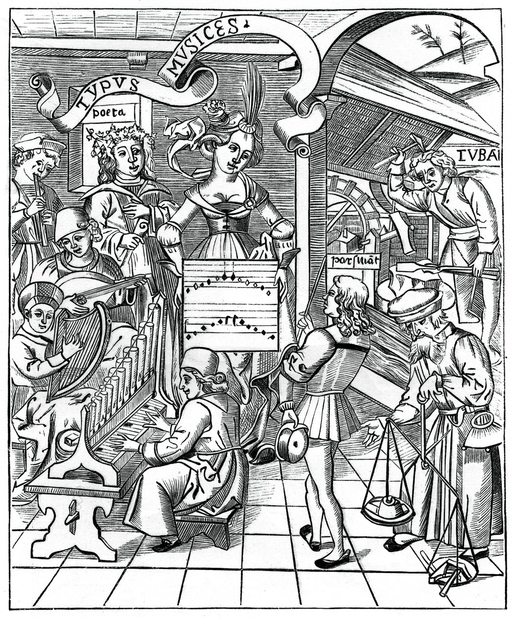 Personifikation der Musik, mit den Hilfskräften, dem Dichter und Musikern, 1508, 1870 von Unbekannt