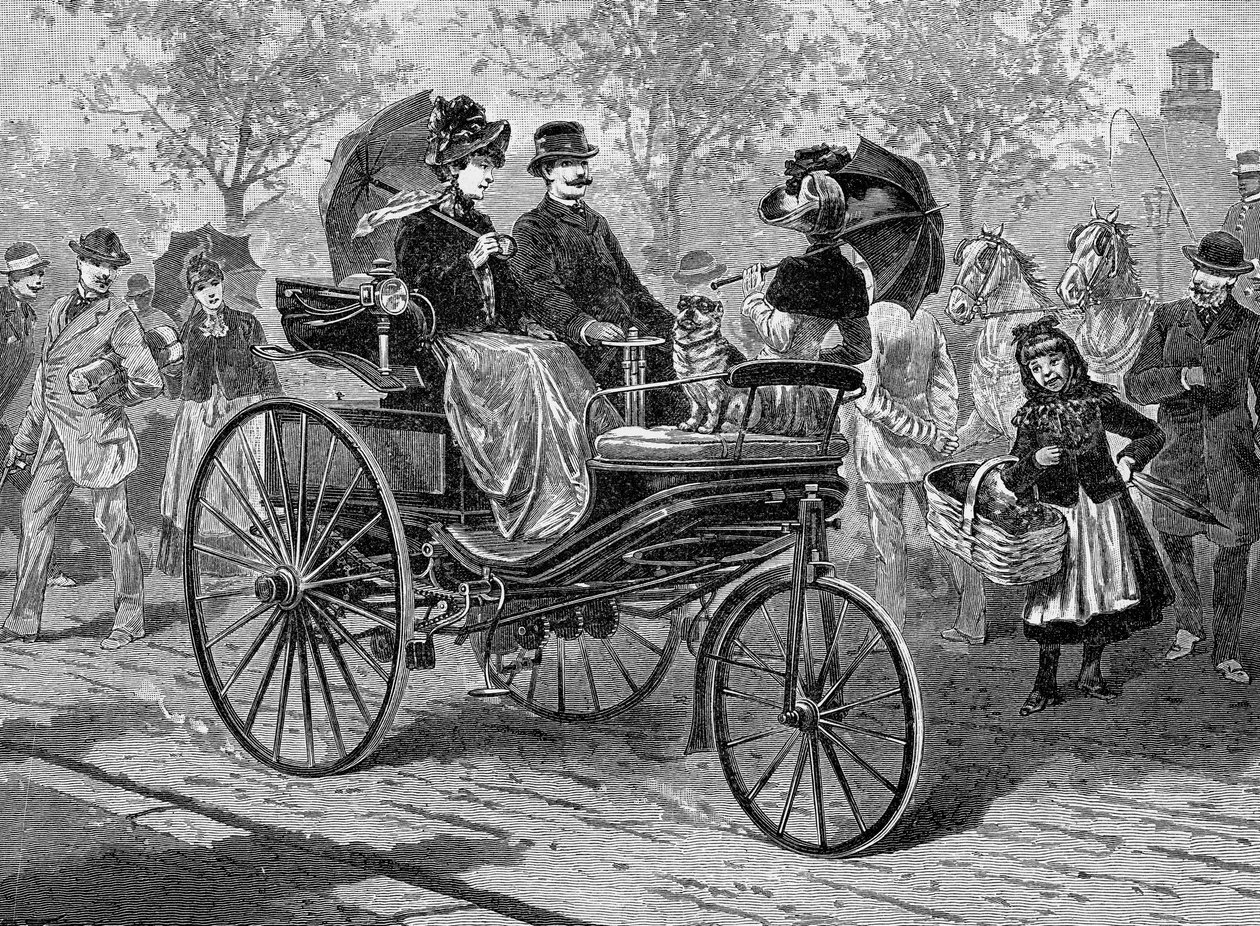 Benzinbetriebenes Auto von Benz & Co., fähig zu 16 km pro Stunde, ca. 1890er Jahre von Unbekannt