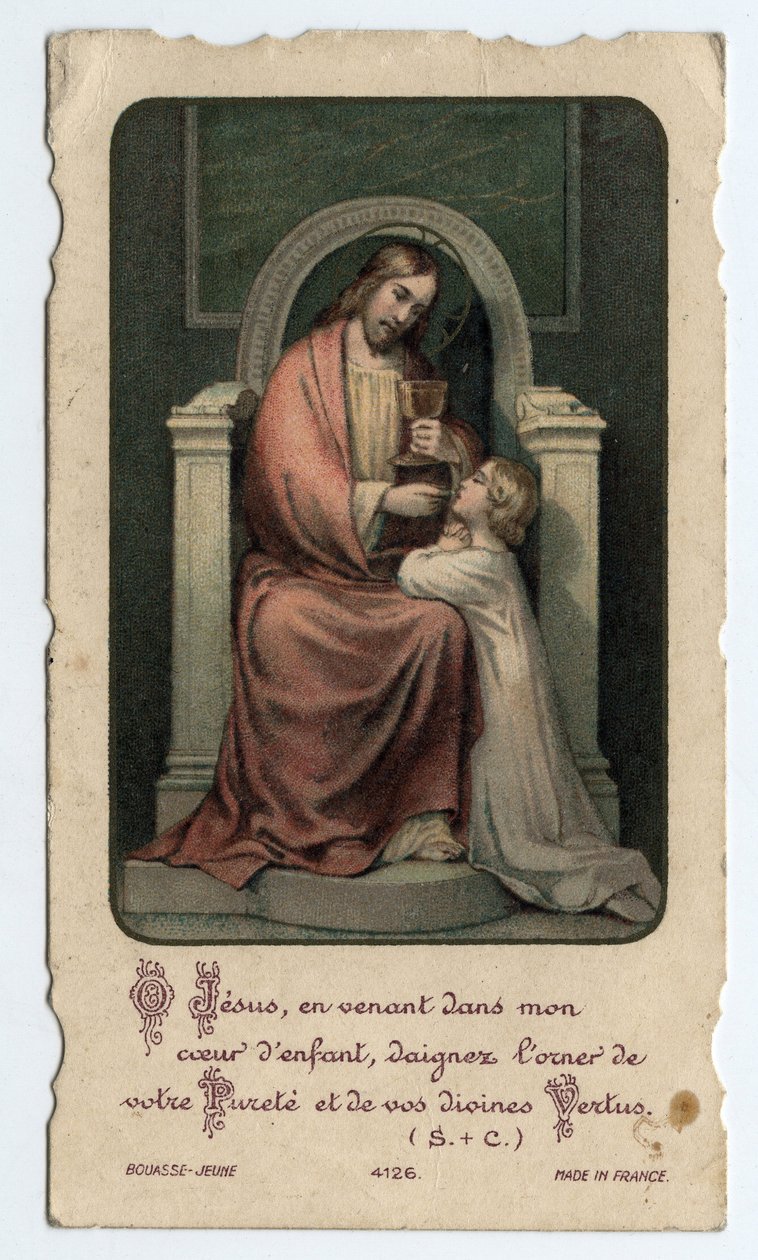 Andachtsbild: Jesus gibt einem jungen Kind die Hostie - Bild zur Erstkommunion 1931 von Unbekannt