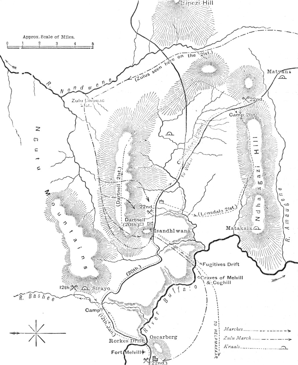 Plan der Märsche bei Isandhlwana zwischen dem 12. und 22. Januar 1879, ca. 1880 von Unbekannt
