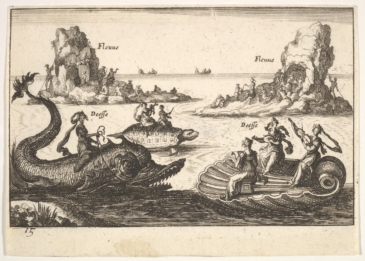 Tafel 15: Flüsse und Göttinnen, mit schwebenden Inseln, die von Stangenführern geleitet werden, weibliche Figur..., 1664 von Unbekannt