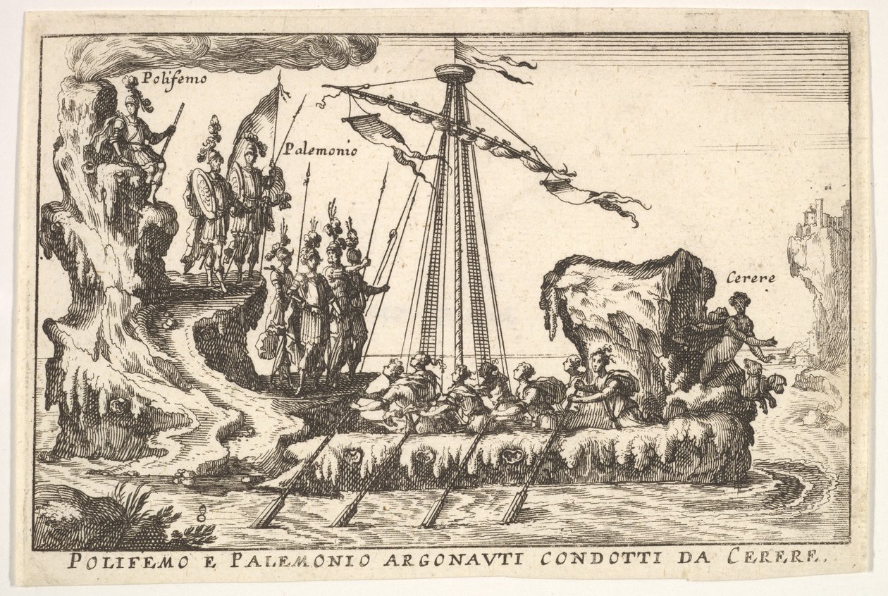 Platte 8: Polyphemus und Palemonius geführt von Ceres Polifemo e Palemonio Argonauti condotti d..., 1664 von Unbekannt