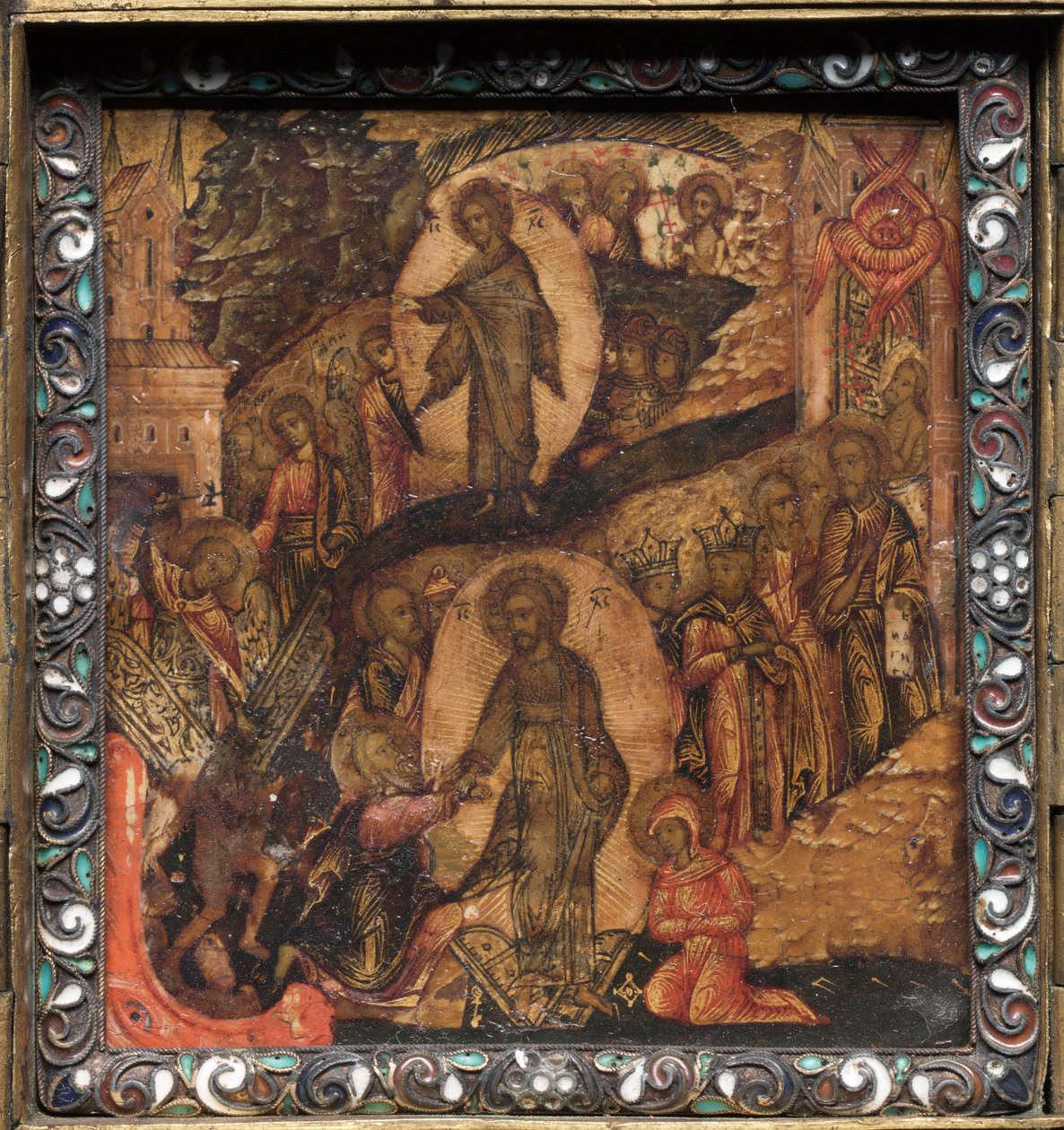 Tragbares Triptychon-Ikone: Die Auferstehung und Anastasis, 1600er Jahre von Unbekannt