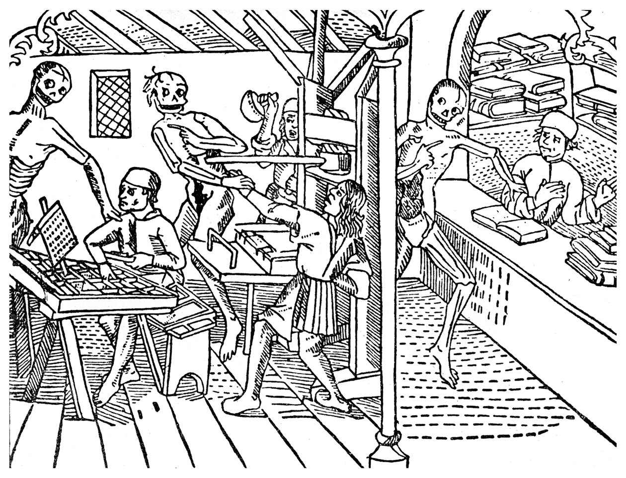 Drucker von Skeletten belästigt, 1499 von Unbekannt