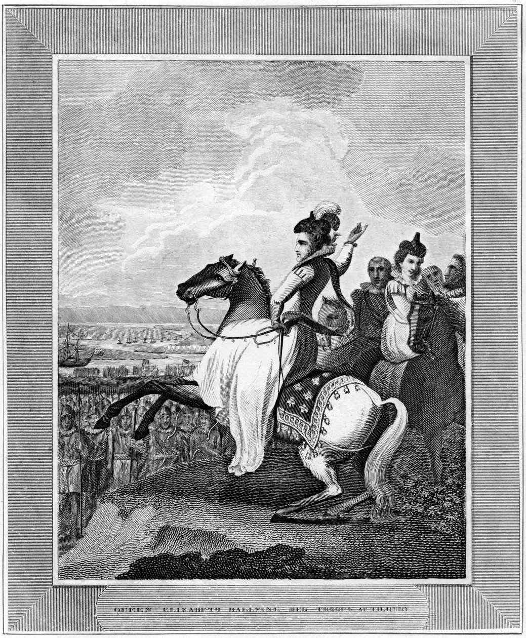 Königin Elisabeth I. versammelt ihre Truppen in Tilbury, 1588, 19. Jahrhundert von Unbekannt