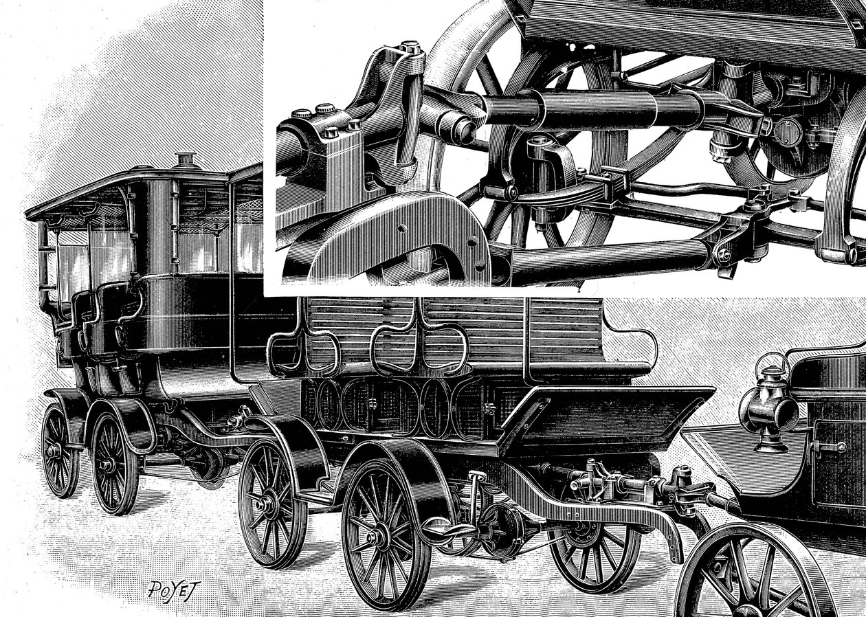 Renards Automobilzug, zeigt Kupplung oben rechts und einen Zug von Wagen, 1904 von Unbekannt