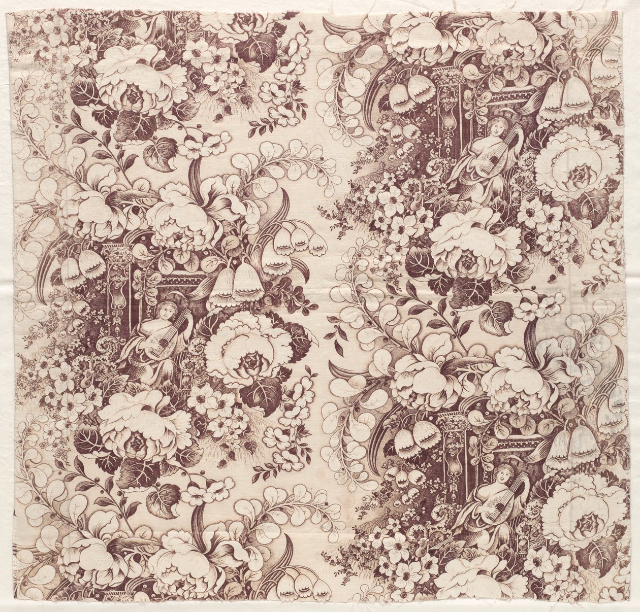 Rollenbedruckte Baumwolle mit Design einer Frau, die eine Laute spielt, frühe 1800er Jahre von Unbekannt