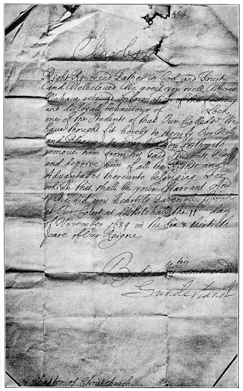 Königlicher Erlass zur Löschung des Namens Locke aus den Studenten von Christ Church, Oxford, 1684, 1894 von Unbekannt