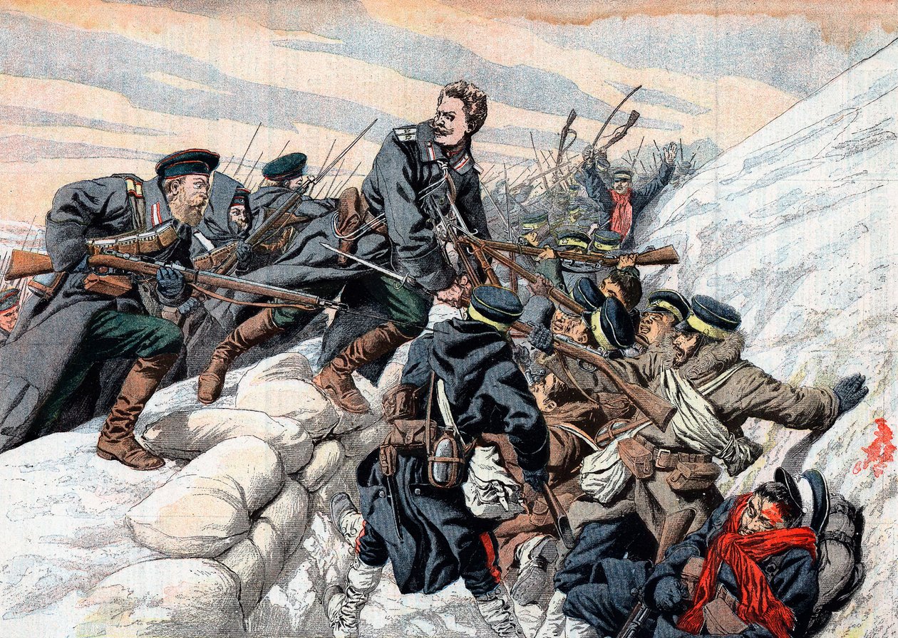 Russischer Angriff auf die japanischen Schützengräben, Russisch-Japanischer Krieg, 1904-5 von Unbekannt