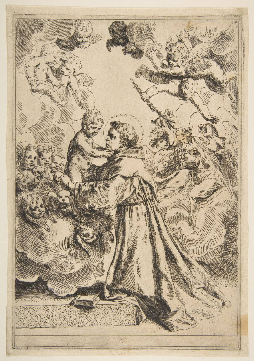 St. Antonius von Padua verehrt das Christkind in Herrlichkeit, Kopie nach Cantarini, ca. 1640 oder später von Unbekannt