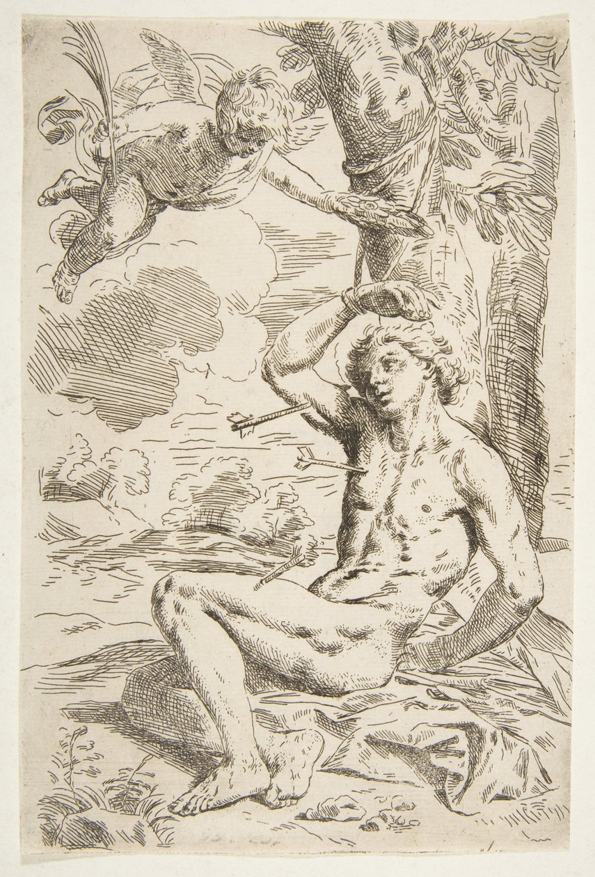 Heiliger Sebastian, mit Pfeilen durchbohrt und an einen Baum gebunden, Kopie nach Cantarini, ca. 1639 oder später von Unbekannt