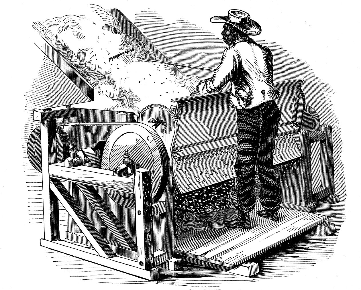 Säge-Gin zur Reinigung von Baumwolle, betrieben von einem barfüßigen schwarzen Arbeiter, südliche USA, 1865 von Unbekannt