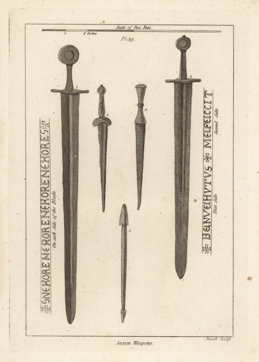 Sächsische Waffen: antikes Eisenschwert 1,2, und Dolche und Messer 3,4, gefunden im Fluss Wytham, Lincolnshire, und ein Armbrustbolzen, gefunden im Lager in Danbury, Essex 5 von Unbekannt