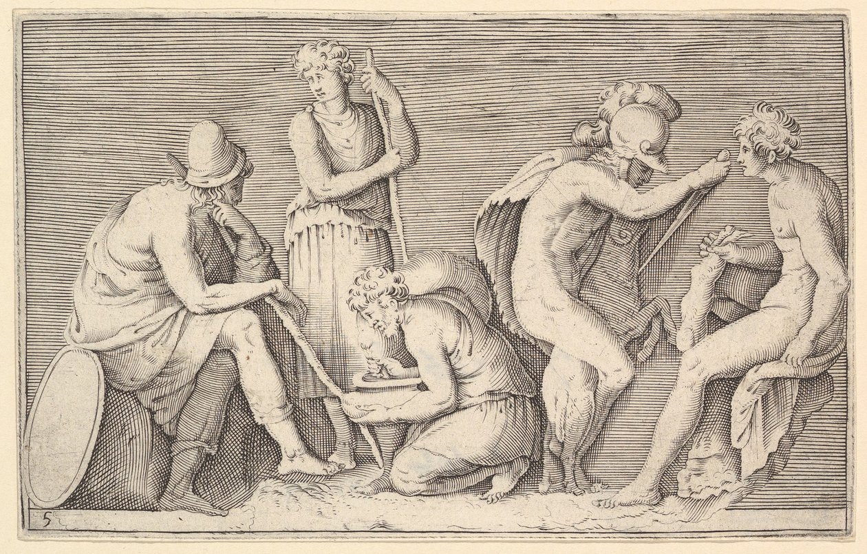 Opferszene mit Krieger, der einen Widder tötet, und vier weiteren Figuren, veröffentlicht ca. 1599-1622 von Unbekannt