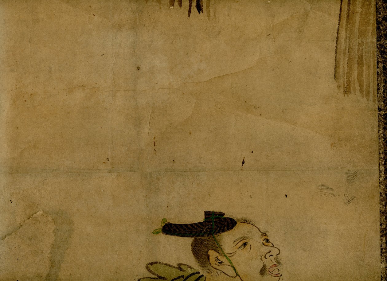 Auf Rollbild montierte Malerei, die ein traditionelles japanisches 2-Mann-Komödianten-Team namens Manzai darstellt von Unbekannt