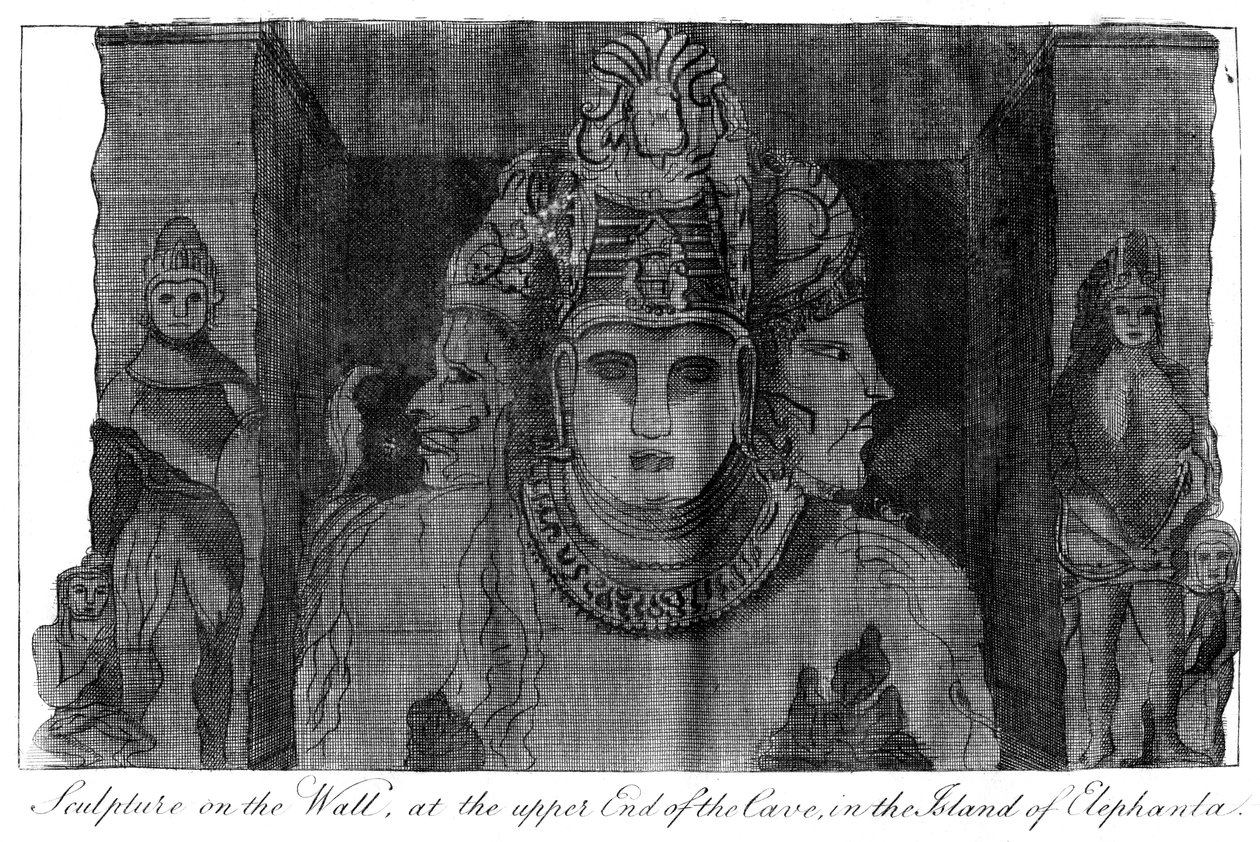 Skulptur an der Wand am oberen Ende der Höhle, Insel Elephanta, Indien, 1799 von Unbekannt