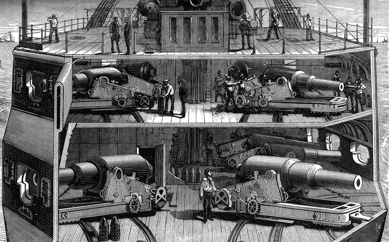 Schnittansicht von Batterien in der gepanzerten Fregatte Alexandra, ca. 1880 von Unbekannt