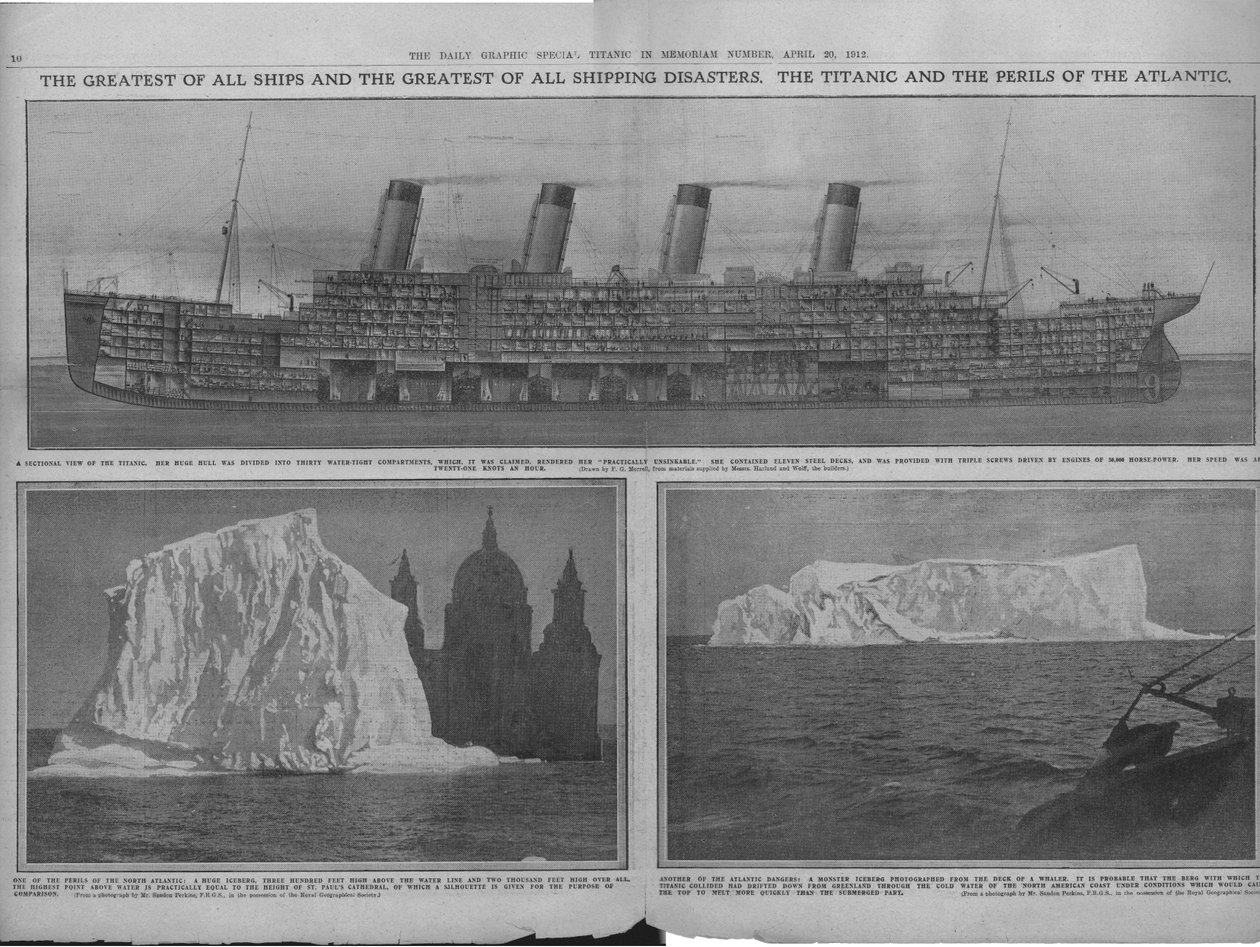 Schnittdiagramm der Titanic und Eisberge, 20. April 1912 von Unbekannt