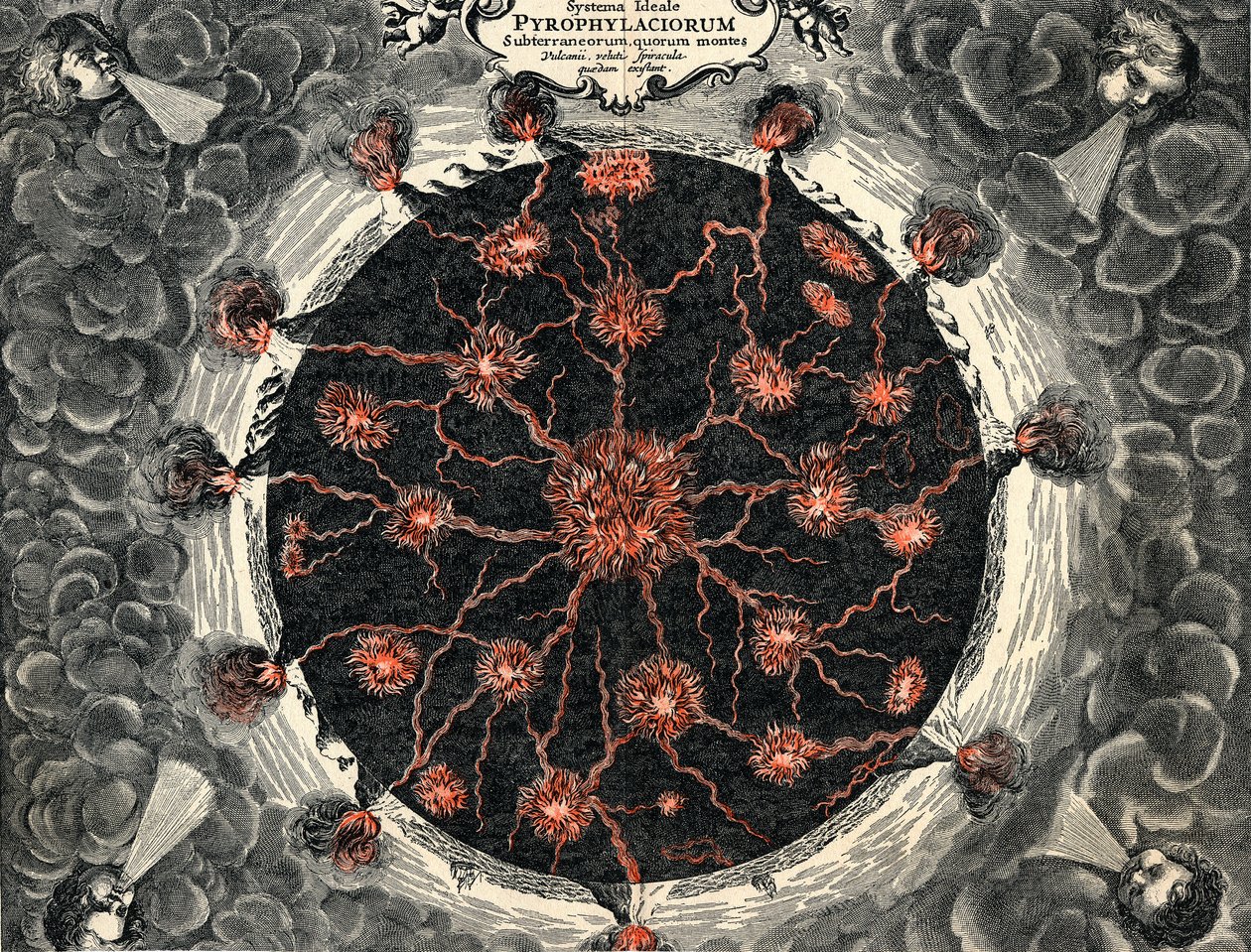 Querschnitt der Erde, zeigt zentrales Feuer und Vulkane, 1665 von Unbekannt