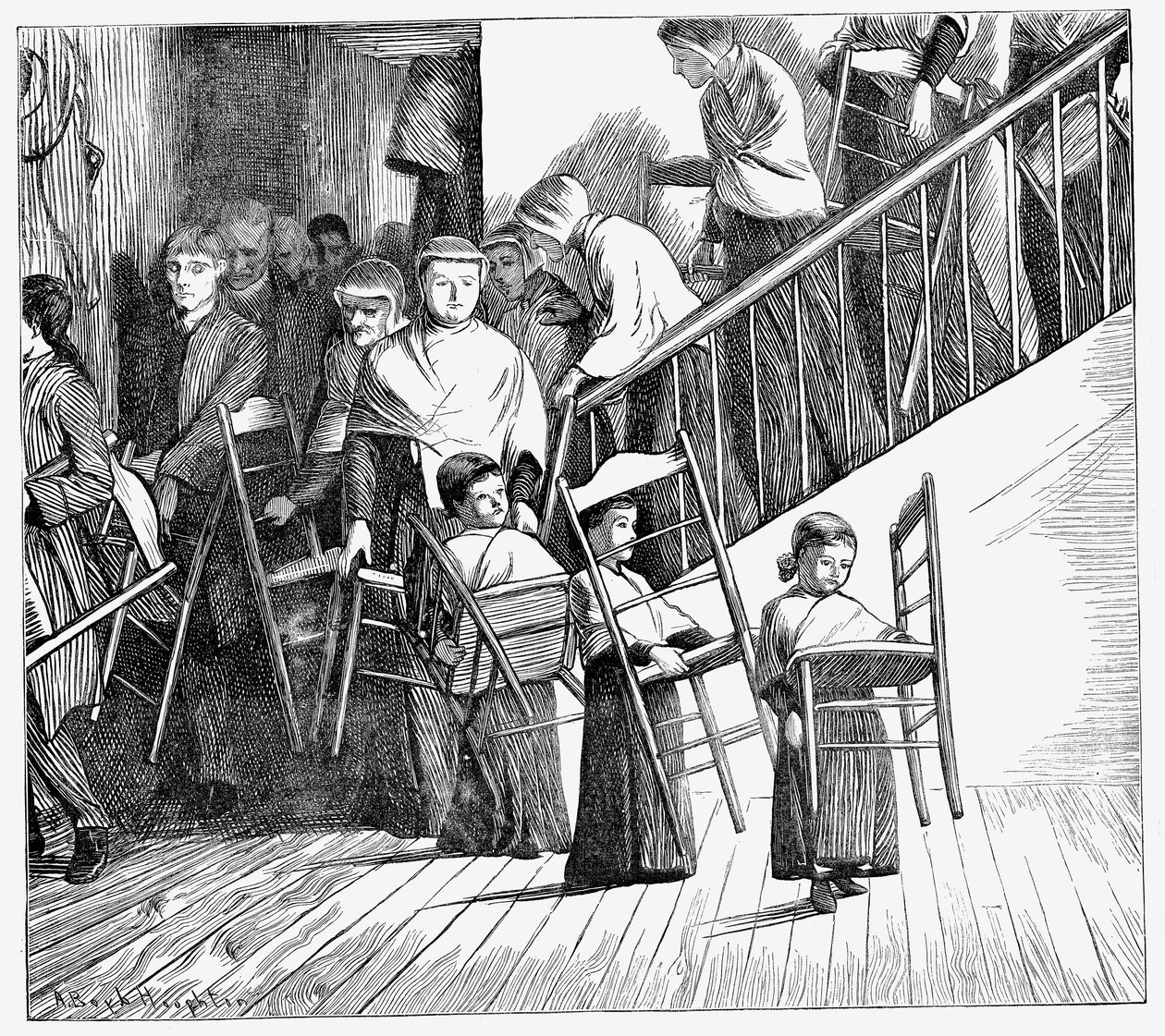 Shaker-Gemeinschaft geht zum Abendessen, jeder trägt seinen eigenen Shaker-Stuhl, New York, 1870 von Unbekannt