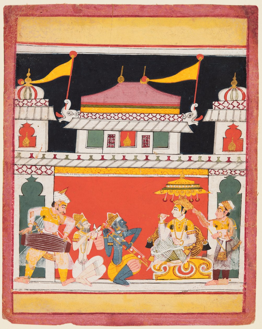 Shri Raga, aus einer Ragamala-Serie, Drei Musiker spielen vor einem Adligen, um 1650 von Unbekannt
