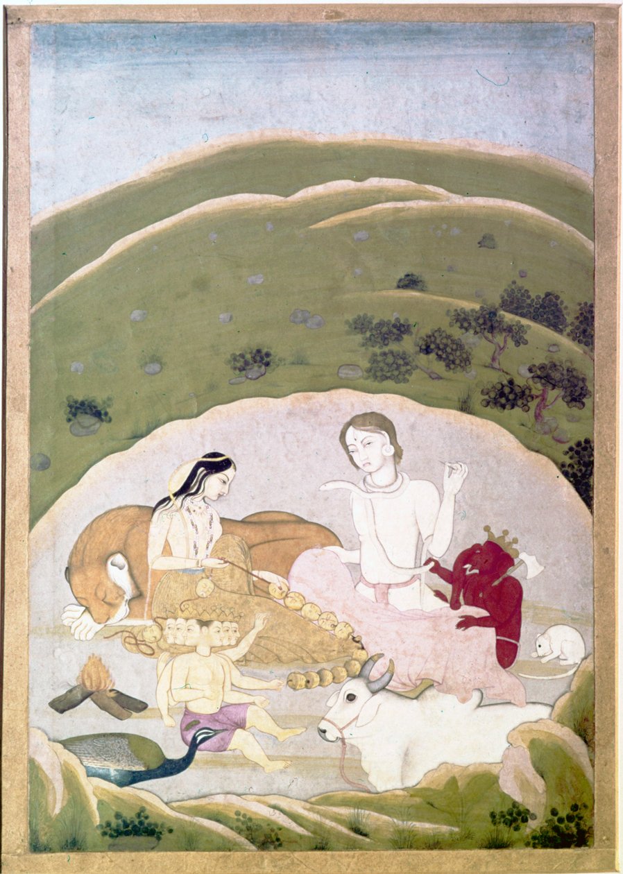 Siva und Parvati mit ihren Kindern, Ganesh und Karttikgya auf dem Berg Kailash, ca. 1745 von Unbekannt