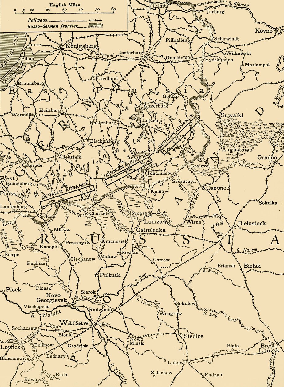 Skizzenkarte zur Veranschaulichung des deutschen Angriffs nördlich von Warschau im Februar 1915, um 1920 von Unbekannt