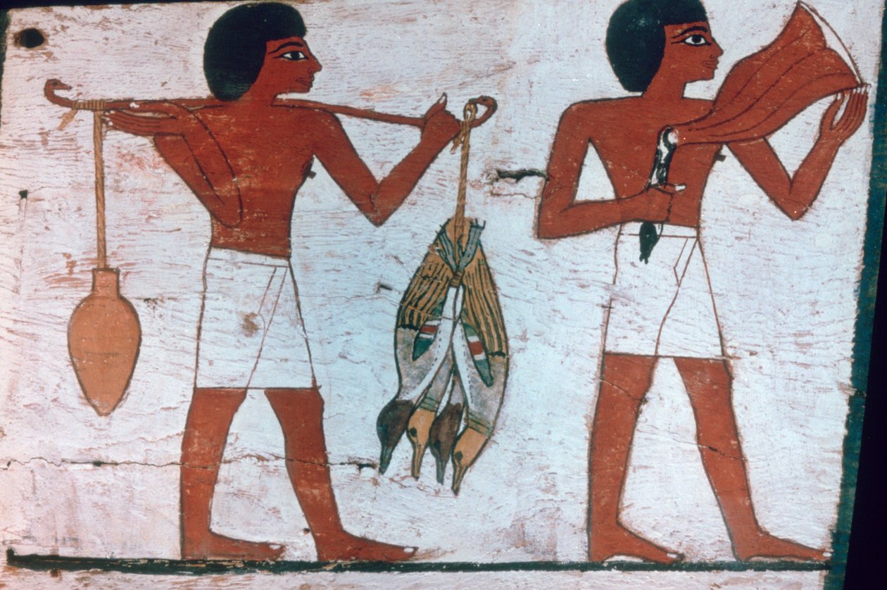 Sklaven tragen Opfergaben zu Osiris, Sarkophag der Dame von Madja, 18. Dynastie von Unbekannt
