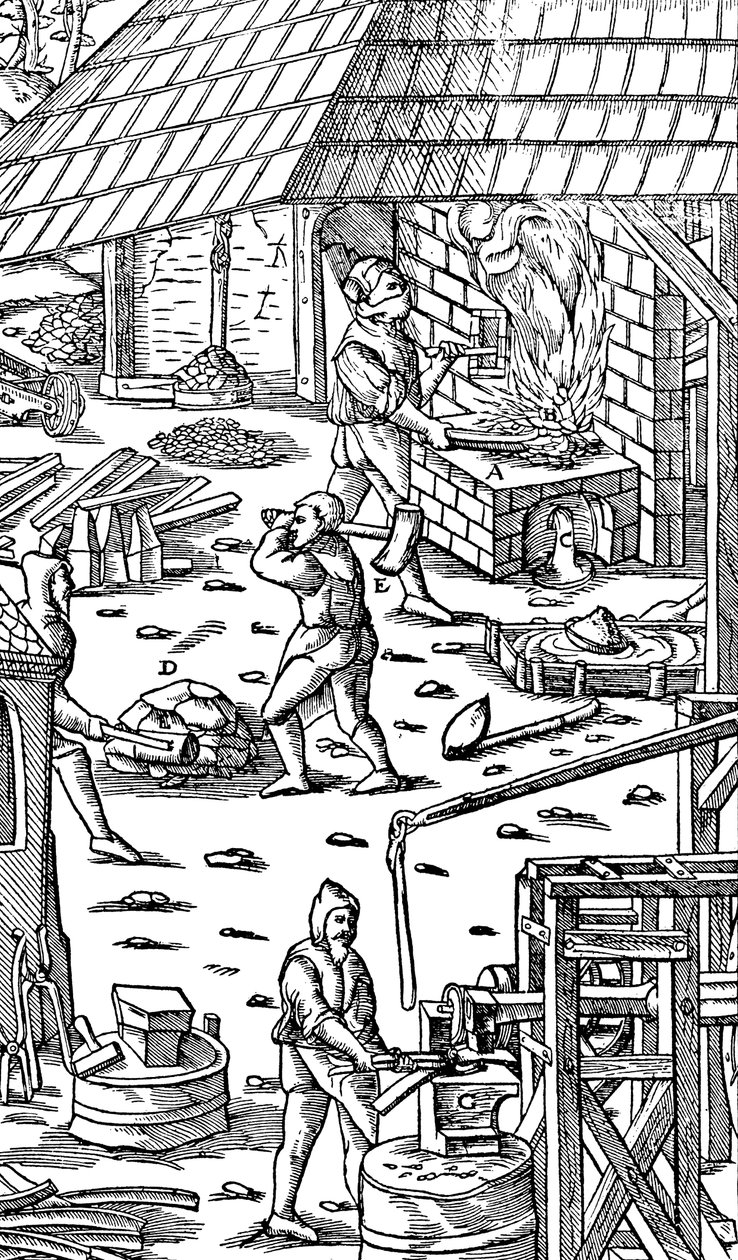Eisen schmelzen und Stangen mit einem mechanischen Hammer schmieden, 1556 von Unbekannt