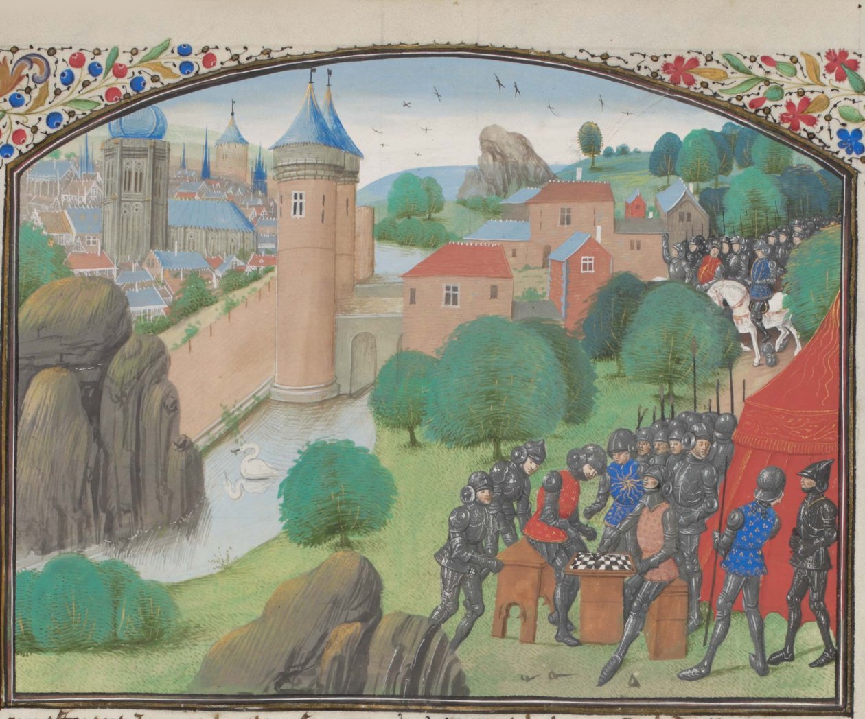 Soldaten spielen Würfel vor der Stadt Caesarea. Miniatur aus der Historia von Wilhelm von Tyrus von Unbekannt