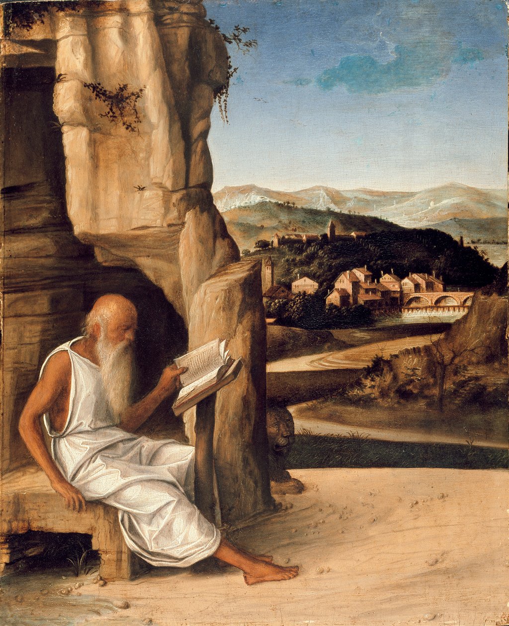 Der heilige Hieronymus liest in einer Landschaft, spätes 15. Jahrhundert von Unbekannt