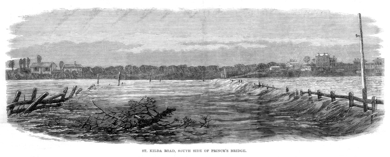 St Kilda Road, Südseite der Princes Bridge - Überschwemmungen in Melbourne, Australien, 1864 von Unbekannt