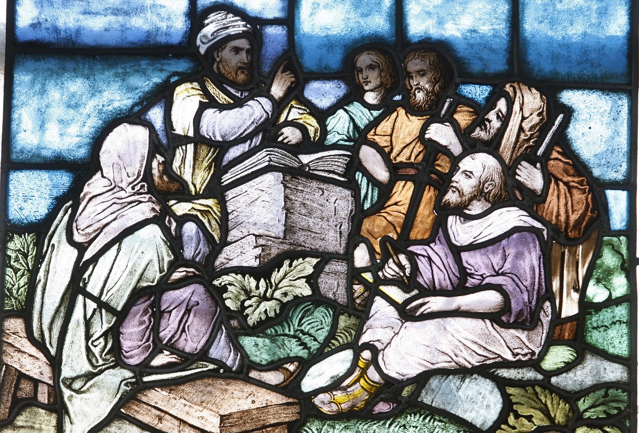 Buntglas: Abraham studiert die Tora mit dem Volk Israel, Budapest, Ungarn von Unbekannt