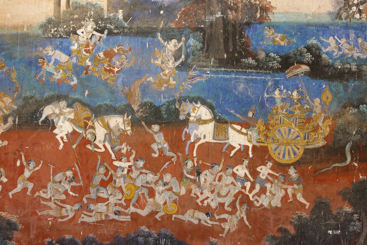 Silberpagode: Dieses Wandgemälde zeigt Szenen aus dem Reamker, der kambodschanischen Version des klassischen hinduistischen Gedichts Ramayana, Phnom Penh, Kambodscha von Unbekannt